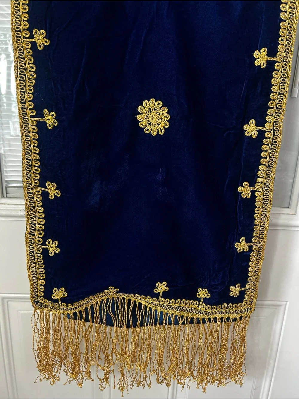 Navy Blue Velebet Gold Embroidered with Fringe Table Runner